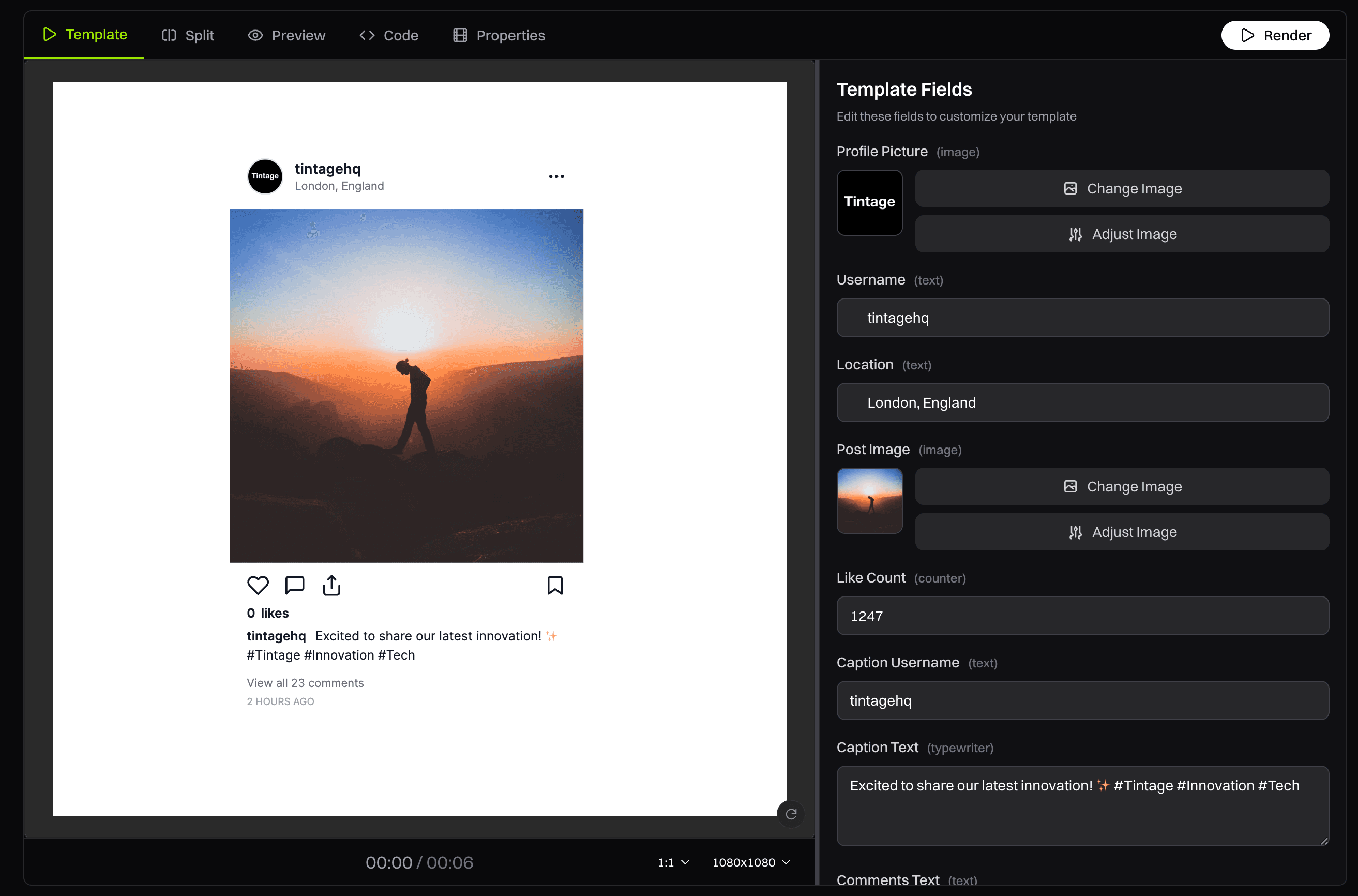 Tintage create editor rendering view